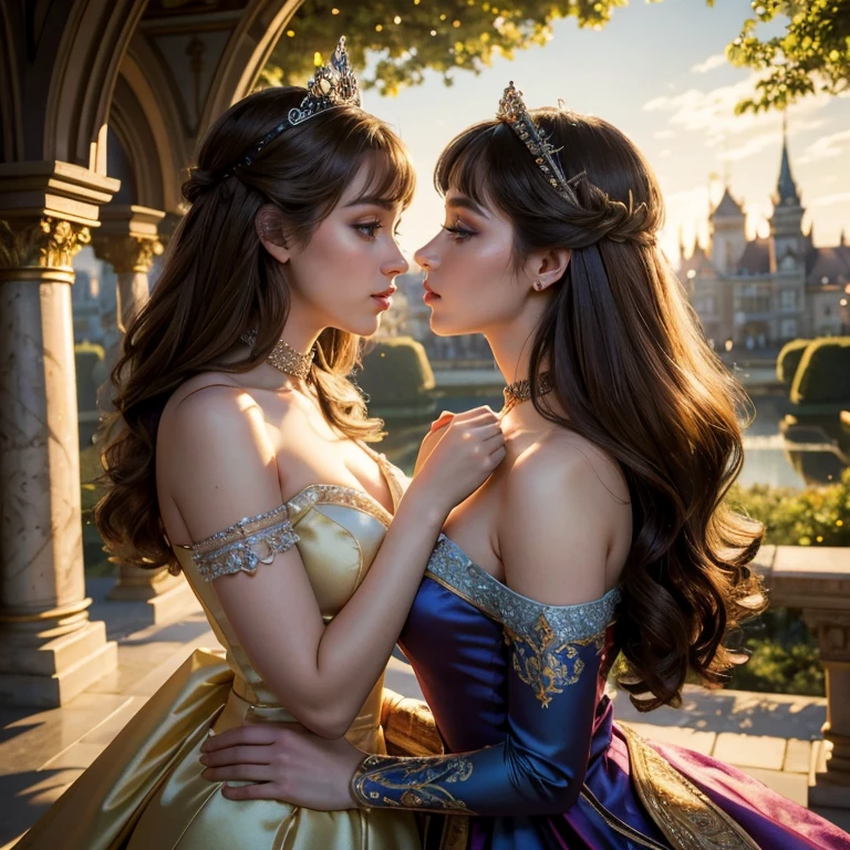 (​masterpiece, best quality:1.5), highest quality, High resolution, super detailed, Realists, Upper body photo of the brunette princess, detailed and beautiful eyes, beautiful detailed lips, very detailed eyes and face, longeyelashes, Princess in shiny satin royal dress, Beautiful and colorful makeup, elegant and noble々Pose,shiny crown and jewels, Royal gardens as background, soft daylight, bright colors, fine brushstrokes, Portrait style, Noble details in the dress fabric, beautiful color palette, glowing skin, First-class rendering, that captures every detail, enchanting atmosphere, subtle shadows and lights, (perfect anatomy:1.2), (Two stunning princesses are deeply in love:1.4), (kiss:1.2), (magnificent panorama view:1.2)