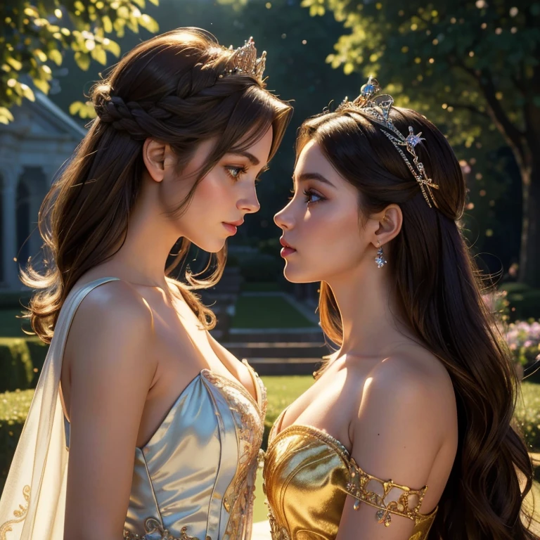 (​masterpiece, best quality:1.5), highest quality, High resolution, super detailed, Realists, Upper body photo of the brunette princess, detailed and beautiful eyes, beautiful detailed lips, very detailed eyes and face, longeyelashes, Princess in shiny satin royal dress, Beautiful and colorful makeup, elegant and noble々Pose,shiny crown and jewels, Royal gardens as background, soft daylight, bright colors, fine brushstrokes, Portrait style, Noble details in the dress fabric, beautiful color palette, glowing skin, First-class rendering, that captures every detail, enchanting atmosphere, subtle shadows and lights, (perfect anatomy:1.2), (Two stunning princesses are deeply in love:1.4), (kiss:1.2), (magnificent panorama view:1.2)