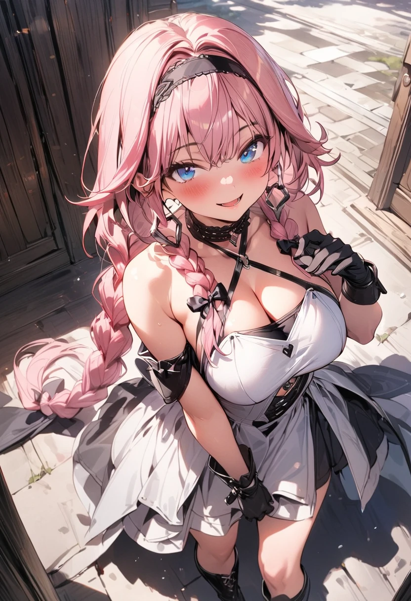 (masterpiece),(best quality),(ultra-detailed),(best illustration),(best shadow),(absurdres),(detailed background),(very aesthetic), 1girl, solo, blue-eyes, ((long-hair)), braid, boots, pink-hair, breasts, twin-braids, smile, open-mouth, cleavage, choker, large-breasts, full-body, bare-shoulders, looking-at-viewer, simple-background, hairband, blush, armor, gloves, dress, knee-boots, standing
