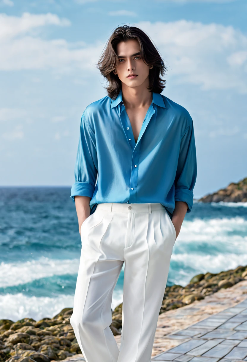 High quality, masterpiece, high definition, ****ung man, 20 years old, dark well-groomed shoulder length hair (3.0), enchanting sea blue eyes (3.0), white shirt (2.5), white oversized trousers(3.0), full body portrait (3.0),