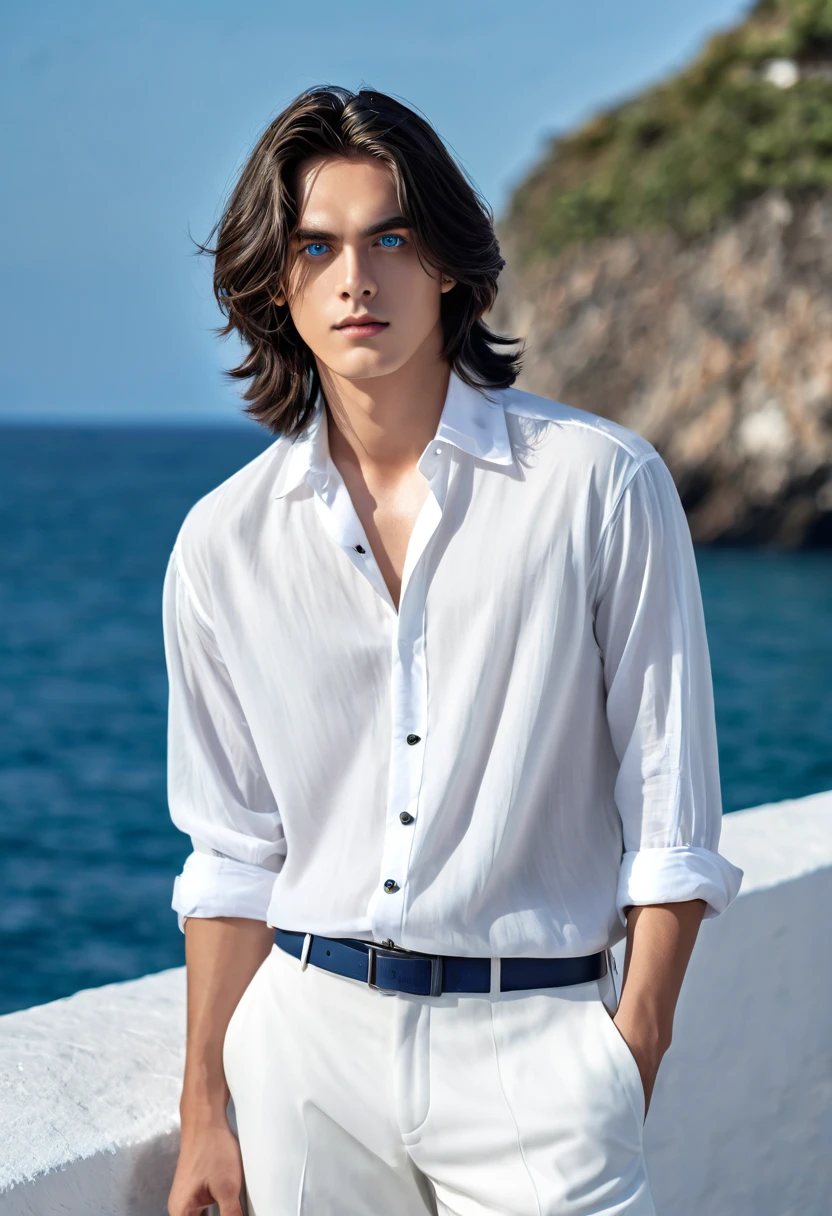 High quality, masterpiece, high definition, ****ung man, 20 years old, dark well-groomed shoulder length hair (3.0), enchanting sea blue eyes (3.0), white shirt (2.5), white oversized trousers(3.0), full body portrait (3.0),