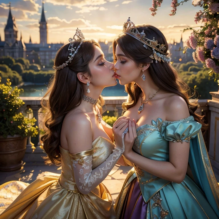 (​masterpiece, best quality:1.5), highest quality, High resolution, super detailed, Realists, Upper body photo of the brunette princess, detailed and beautiful eyes, beautiful detailed lips, very detailed eyes and face, longeyelashes, Princess in shiny satin royal dress, Beautiful and colorful makeup, elegant and noble々Pose,shiny crown and jewels, Royal gardens as background, soft daylight, bright colors, fine brushstrokes, Portrait style, Noble details in the dress fabric, beautiful color palette, glowing skin, First-class rendering, that captures every detail, enchanting atmosphere, subtle shadows and lights, (perfect anatomy:1.2), (Two stunning princesses are deeply in love:1.4), (kiss:1.2), (magnificent panorama view:1.2)