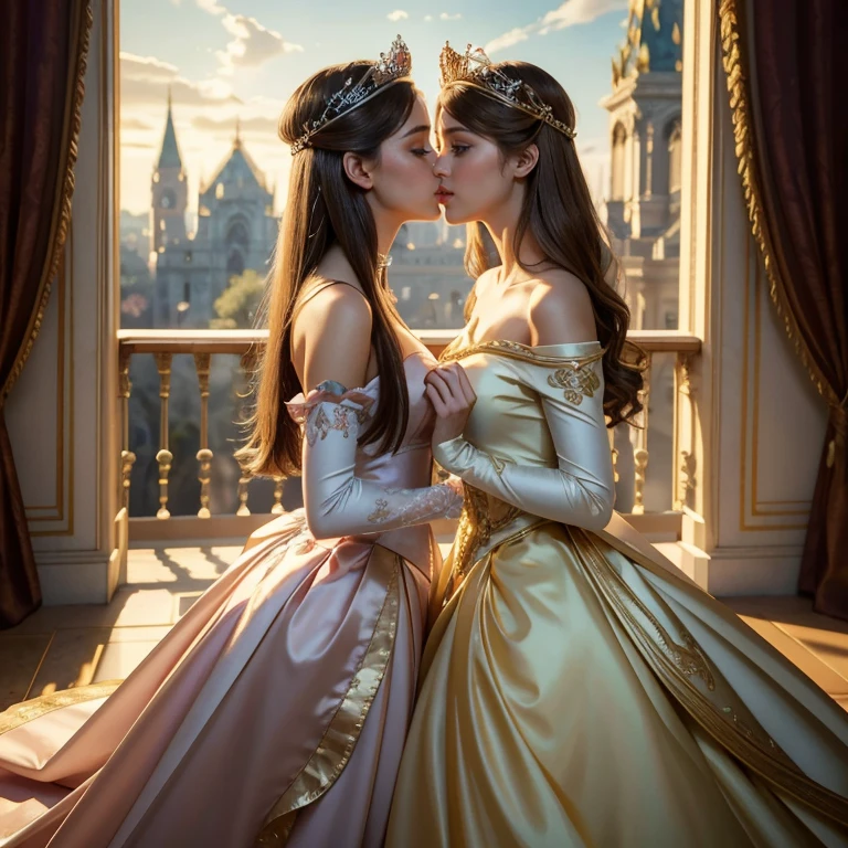 (​masterpiece, best quality:1.5), highest quality, High resolution, super detailed, Realists, Upper body photo of the brunette princess, detailed and beautiful eyes, beautiful detailed lips, very detailed eyes and face, longeyelashes, Princess in shiny satin royal dress, Beautiful and colorful makeup, elegant and noble々Pose,shiny crown and jewels, Royal gardens as background, soft daylight, bright colors, fine brushstrokes, Portrait style, Noble details in the dress fabric, beautiful color palette, glowing skin, First-class rendering, that captures every detail, enchanting atmosphere, subtle shadows and lights, (perfect anatomy:1.2), (Two stunning princesses are deeply in love:1.4), (kiss:1.2), (magnificent panorama view:1.2)