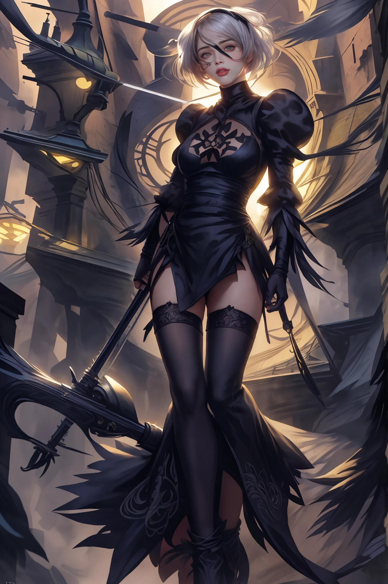 1female,black lence stockings,Stiletto heels,(gigantic cleavage breasts:1.1),Bandeau top,Miniskirt skirt,looking at viewert,perfect bodies,M legs,Visible panties --auto
