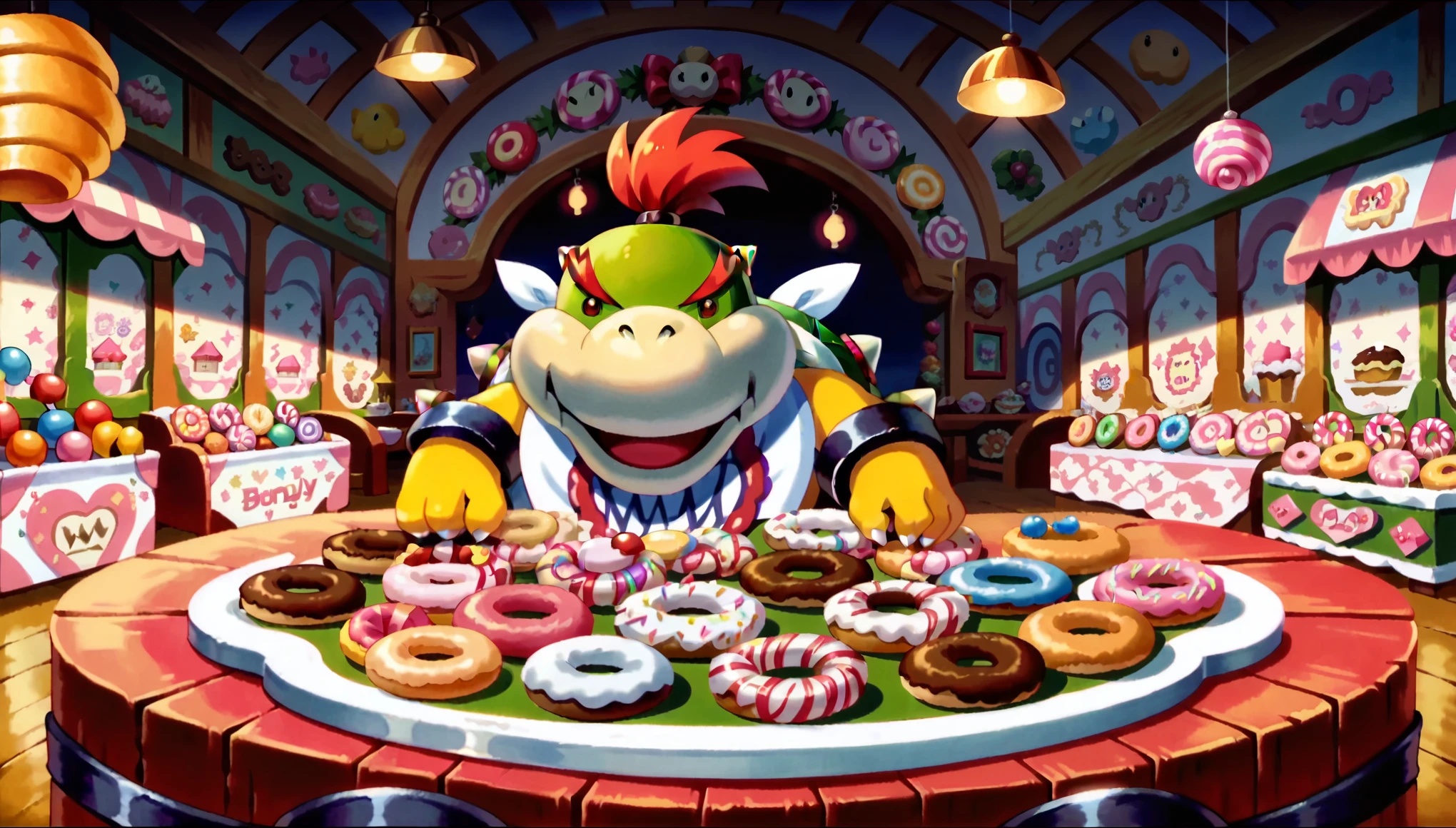 There are cakes and donuts on the table in the room., sweets, Candy Forest, anime Background Art, Background Artwork, Fantasy Bakery, Colorful anime movie background, candyland, Candy Pastel, in a candyland style house, Decora style illustrations, Background Art, candyland, Anime Background, sweet, Candy Rush, Table full of candy, JBowser