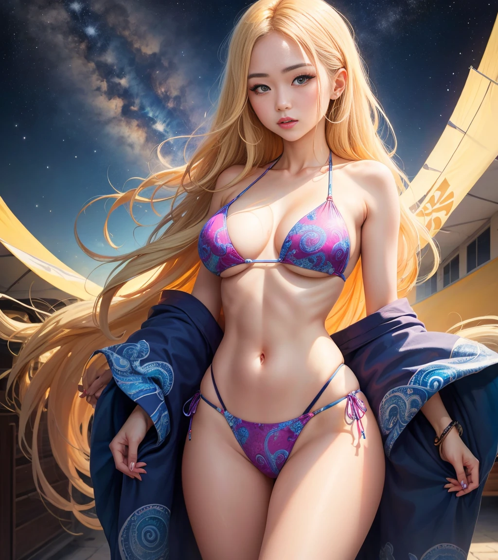 Masterpiece artwork, best qualityer, gals, 苗条, Eyes red, hair color,, Long hair spreading, Caucasian skin, half, comely, sensuous,, 比基尼, natta, psychedelic, working day, Extreme Color, Tema paisley, complete body, blonde in colorful bikini, the milky way at the bottom, background universe, universal, seminua, colorful bikini, long bold hair