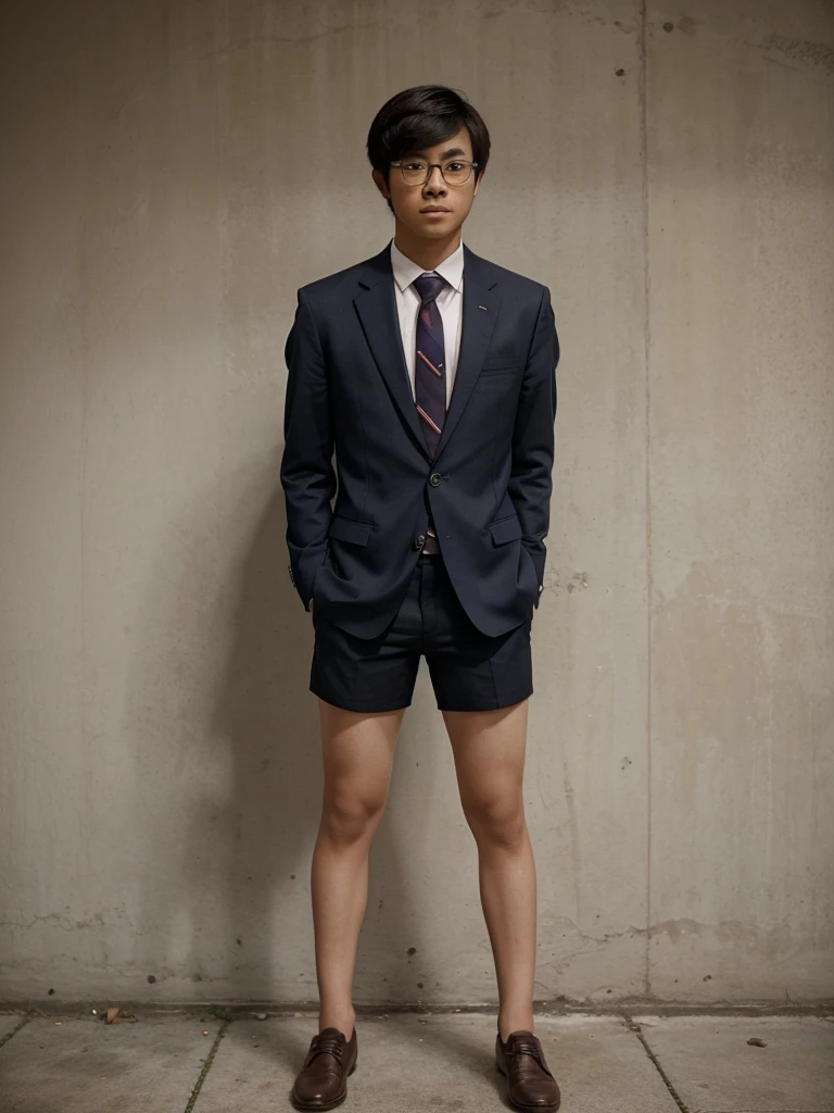 Full body photo of Asian high school boy with mushroom hair, Glasses, suit with shirt and tie, shorts, showing the butt