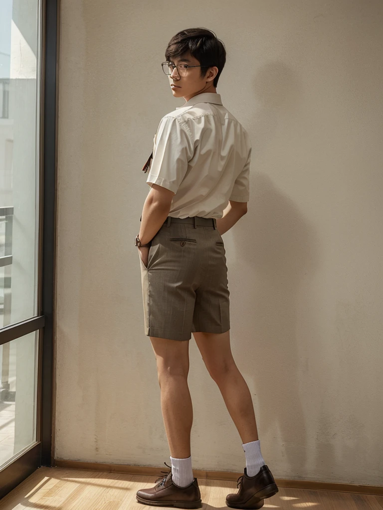 Full body photo of Asian high school boy with mushroom hair, Glasses, suit with shirt and tie, shorts, showing the butt