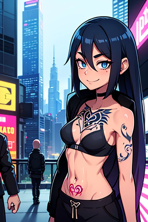18 year old boy walking around the city, happy face, black sport bra, gray jacket, black sweatpant, clean skin, super skinny, very detailled, face detailed, long blue hair, Raquel cook, dynamic camera, long torso, Alice Band, skin tanned, earbuds, cyberpunk city landscape, skyscrapers, natta, stele, colorful lighting, smiling, (Symmetrical tattooed torso, tattoo's: 1.4), camera from below, (baldie, It's falling apart head, no fur, It's falling apart: 1.5)
