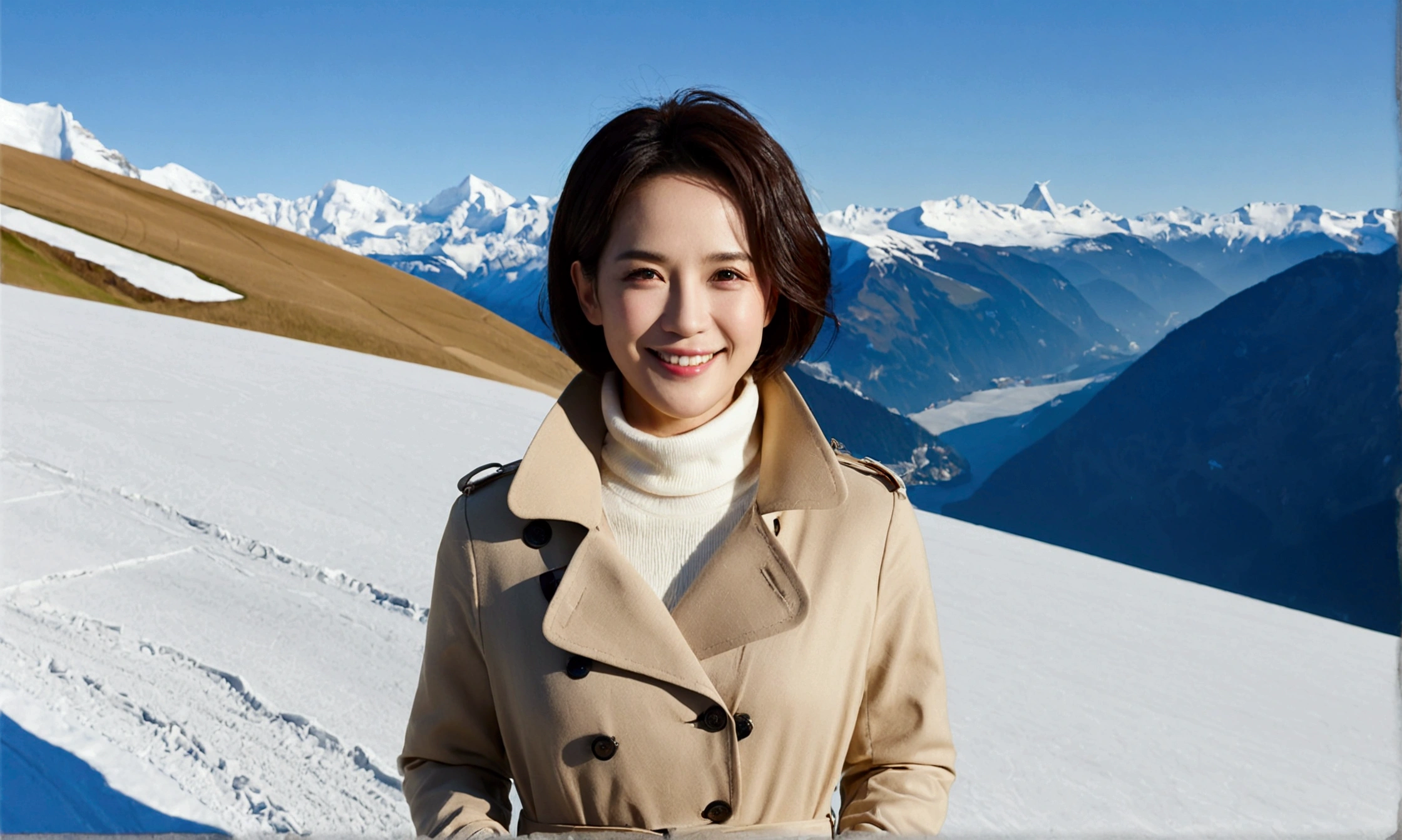 high resolution, raw photo, (realistic:1.5),(movie lights),(detailed fingers),(high detail skin:1.Letty'eye), short medium hair를 가진 50대 한국 여성, smiling face, short and , very beautiful.!, Get inspired by Son Ye-jin, 사진 realistic 아름다운 얼굴, 큰 eye,double eyelid, 검은 eye, short medium hair, alone, Switzerland, The Jungfrau snowfield can be seen in the distance.. winter, trench coat, highnecksweater, Wearing beige jean pants,, (Full body shot with Canon camera 16-35 wide angle lens, 멀리 융프라우 하얀 eye이 보인다. Visible up to the waist
