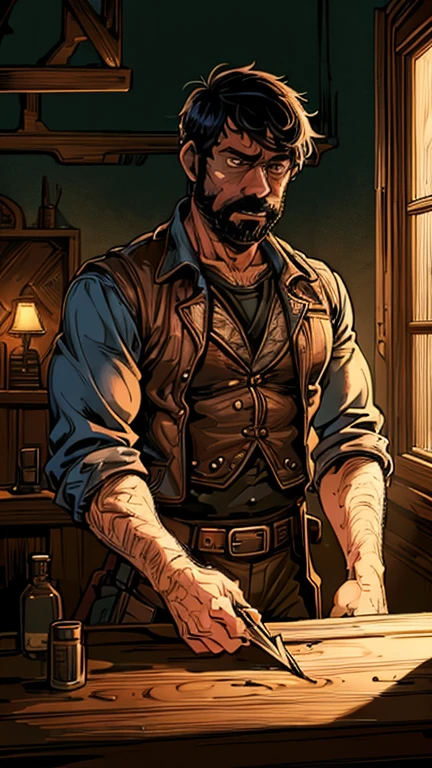 (1man, captain_haddock), (extremely detailed CG unit 8k wallpaper),(master part), (best quality), (ultra detail), (best illustration),(melhor ombre), cowboy shot, (Sharp eyeliner, ombre, detail eyes), wild west saloon interiors background, ,break , (WildWest), upper body