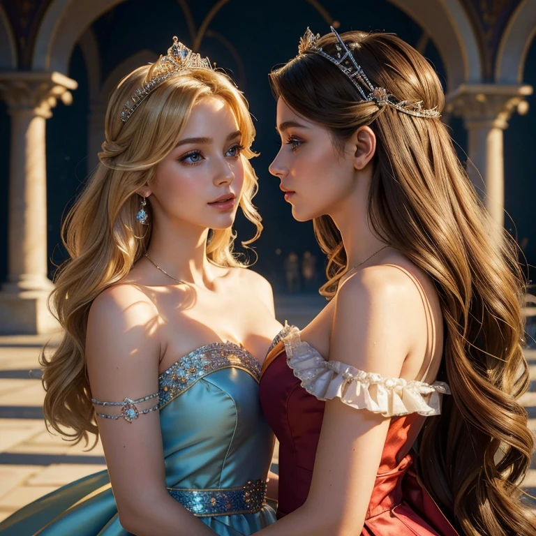 (​masterpiece, best quality:1.5), highest quality, High resolution, super detailed, Realists, Upper body photo of the blonde and brunette princess, detailed and beautiful eyes, beautiful detailed lips, very detailed eyes and face, longeyelashes, Princess in shiny satin royal dress, Beautiful and colorful makeup, elegant and noble々Pose,shiny crown and jewels, Royal gardens as background, soft daylight, bright colors, fine brushstrokes, Portrait style, Noble details in the dress fabric, beautiful color palette, glowing skin, First-class rendering, that captures every detail, enchanting atmosphere, subtle shadows and lights, (perfect anatomy:1.2), (Two stunning princesses are deeply in love:1.4), (kiss:1.2), (magnificent panorama view:1.2)