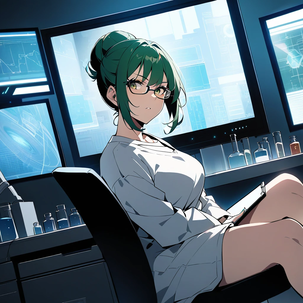 {{upper body, dutch angle}} {{Artist: ratatatat74}} 1girl, mature female, scientist, wearing glasses, dark green hair, messy bun style, brown eyes, lab coat, white graphic tee shirt, holding a clipboard, indoor, laboratory, dim light, sitting on a chair, serious look, looking directly at the camera, fuzzy screen filter overlay, user inside a tv, scifi