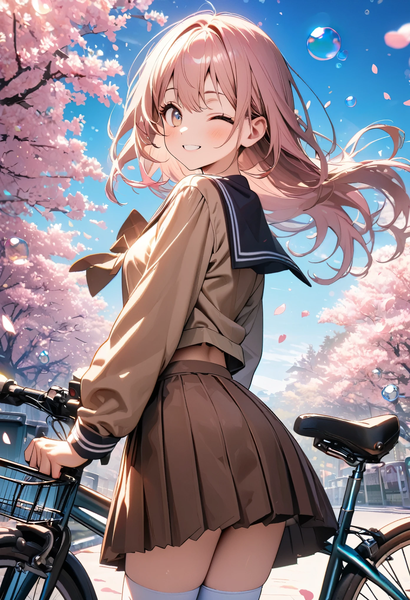 (8K, best quality, master piece:1.2),super high resolution,anime,1 girl,solo,16yo,ultra-detailed face,detailed eyes,sailor suit,brown collar(brown:1.5), light brown shirt,long sleeve,brown pleated skirt,brown ribbon tie,white knee-high socks,gradient eyes,one eye closed,smile,floating hair,pink hair,long hair,cowboy shot,Looking back at the viewer,Bicycle rack,cherry blossom tree,blue sky,(petals:1.3),(bubbles:1.3),(iridescent light:1.4)