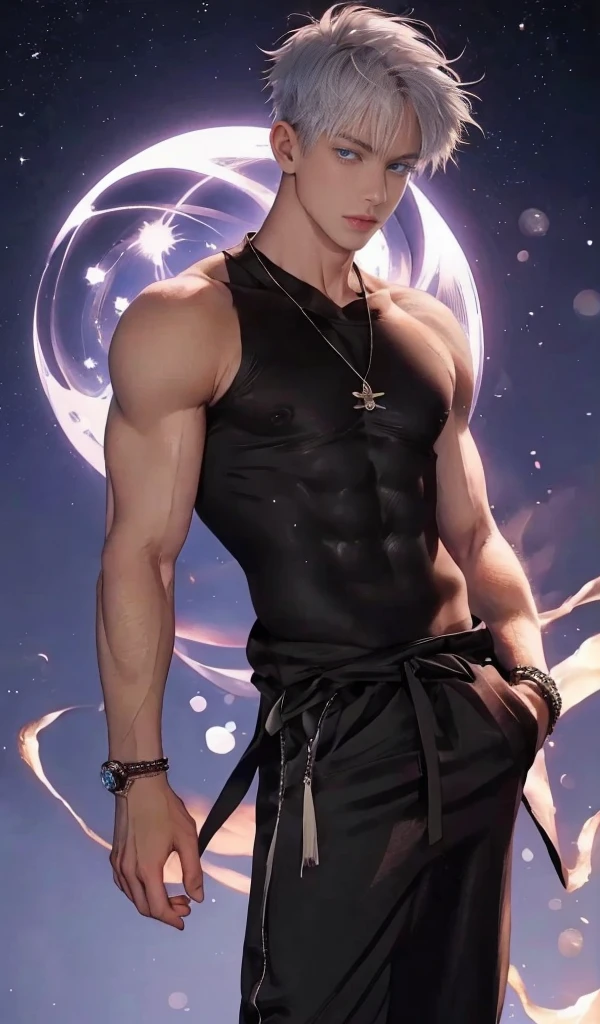 1 male, high resolution 4k, adult, handsome, perfect face detail, detailed eyes and face, clean shaved, sixpack realistic, white eyebrow hair, white eyelashes, Naked torso, Detailed face, perfect face, dynamic lighting, unreal engine, hd picture, satoru gojo, Jujutsu kaisen, white hair, short hair ,hair between eyes ,blue eyes, white skin, Sexy clothes, singlet