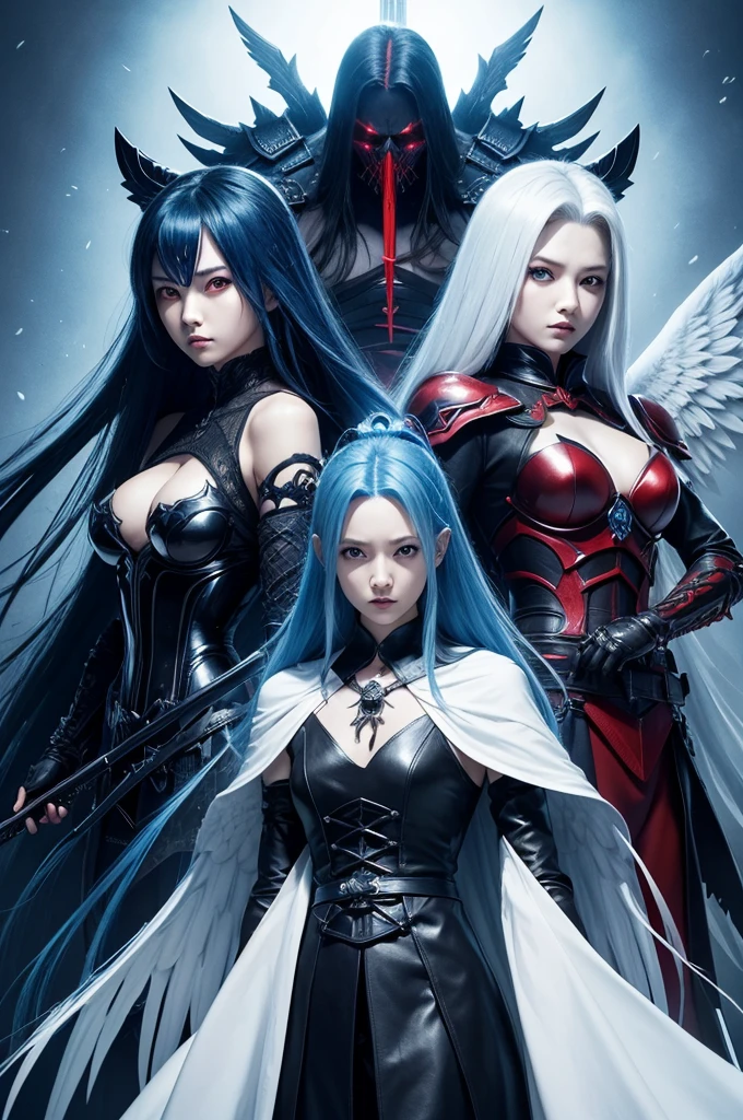 Create an angel of death with angel wings and samurai style and red eyes Sephiroth final fantasy style armor and batosiders name blue hair with white