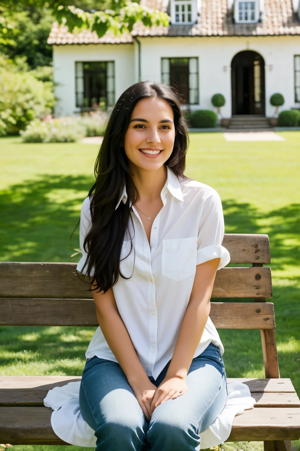 lifestyle photography of an Argentinian woman, anticipate facial expression smiling, black eyes, long black hair. Chic elegant dress in country house Young woman with long dark hair, smiling and sitting on a wooden bench. Wear a white button-down shirt and jeans. The background shows a large country house with white walls and blue windows, surrounded by a lush garden with yellow flowers and a wide variety of green plants. The atmosphere is serene and welcoming, evoking a sense of rural tranquility.