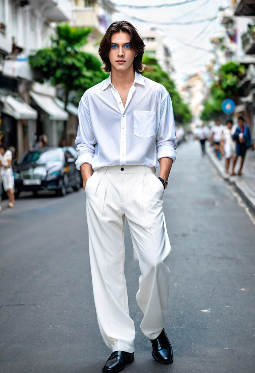 High quality, masterpiece, high definition, 1 young man, 20 years old, dark well-groomed shoulder length hair (3.0), enchanting sea blue eyes (2.0), white shirt (2.5), white oversized trousers(3.0), full body portrait (3.0), city streets (3.0),