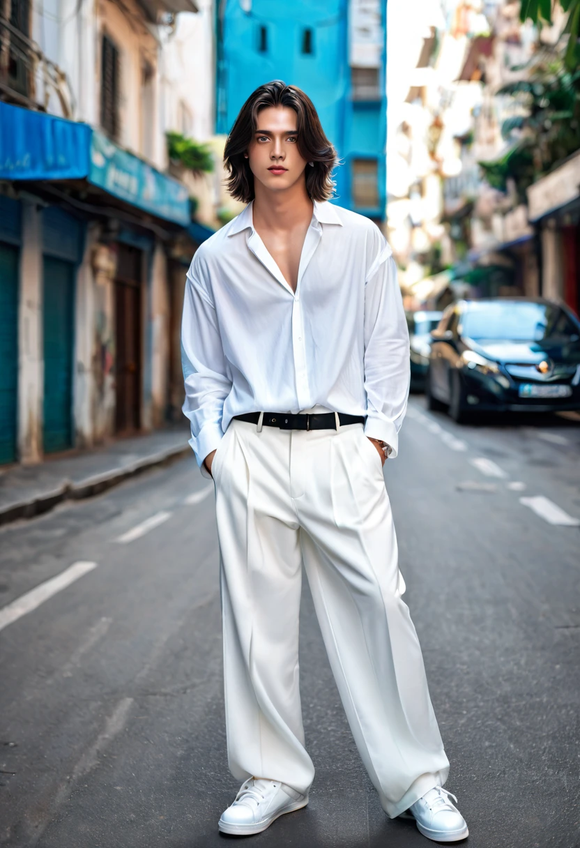 High quality, masterpiece, high definition, ****ung man, 20 years old, dark well-groomed shoulder length hair (3.0), enchanting sea blue eyes (2.0), white shirt (2.5), white oversized trousers(3.0), full body portrait (3.0), city streets (3.0),