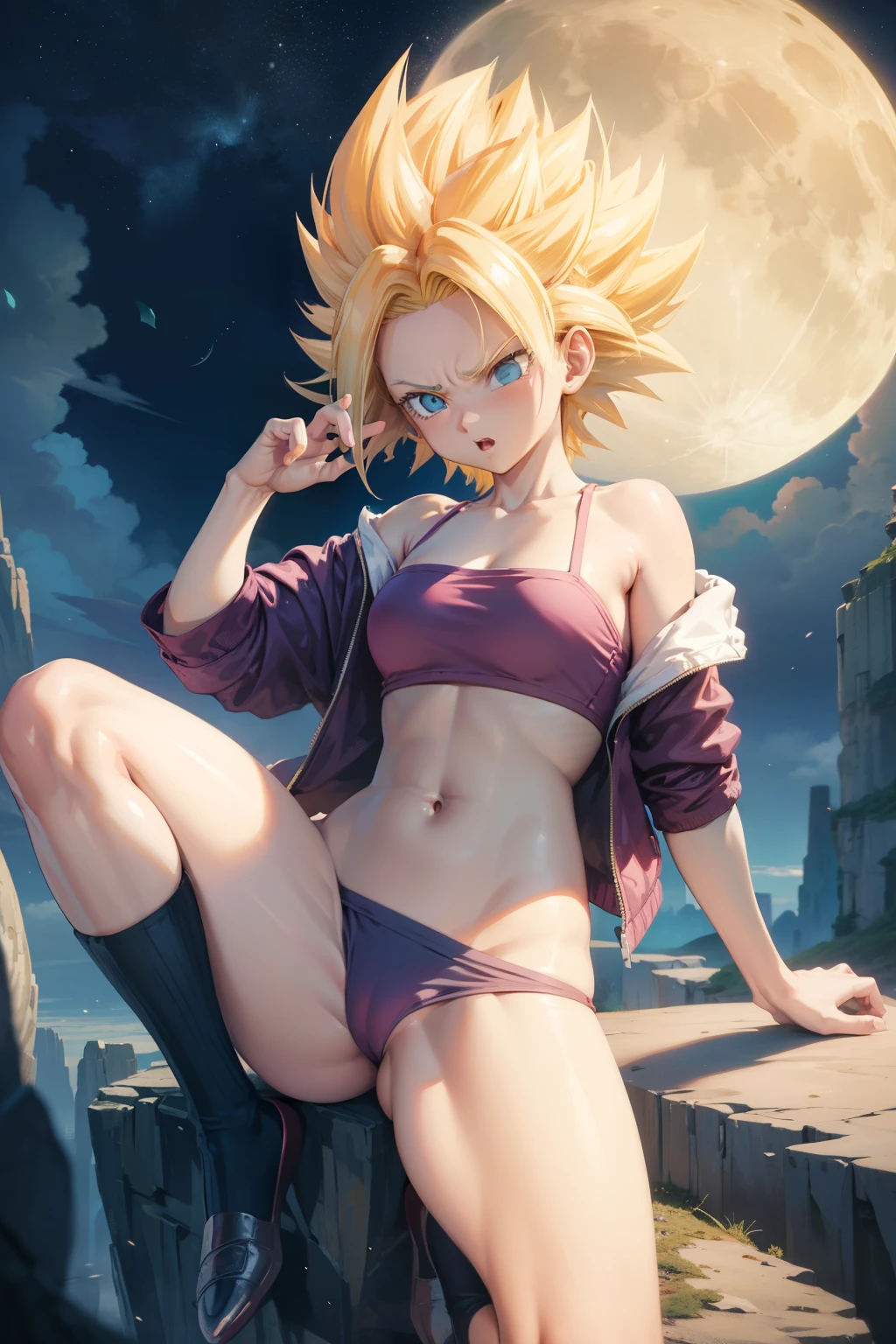 Caulifla ,1girl , anime , masterpiece , Saiyajin blonde hair, jaqueta aberta open clothes ,flat chest , bra, pantie , long socks, angry agressive ,sexy . Background moon . Flying .