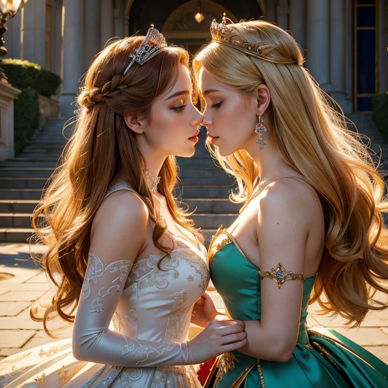 (masterpiece, best quality:1.5), highest quality, High resolution, super detailed, Realists, Upper body photo of the blonde and red-haired princess, detailed and beautiful eyes, beautiful detailed lips, very detailed eyes and face, longeyelashes, Princess in shiny satin royal dress, Beautiful and colorful makeup, elegant and noble々Pose,shiny crown and jewels, Royal gardens as background, soft daylight, bright colors, fine brushstrokes, Portrait style, Noble details in the dress fabric, beautiful color palette, glowing skin, First-class rendering, that captures every detail, enchanting atmosphere, subtle shadows and lights, (perfect anatomy:1.2), (Two stunning princesses are deeply in love:1.4), (kiss:1.2), (magnificent panorama view:1.2)