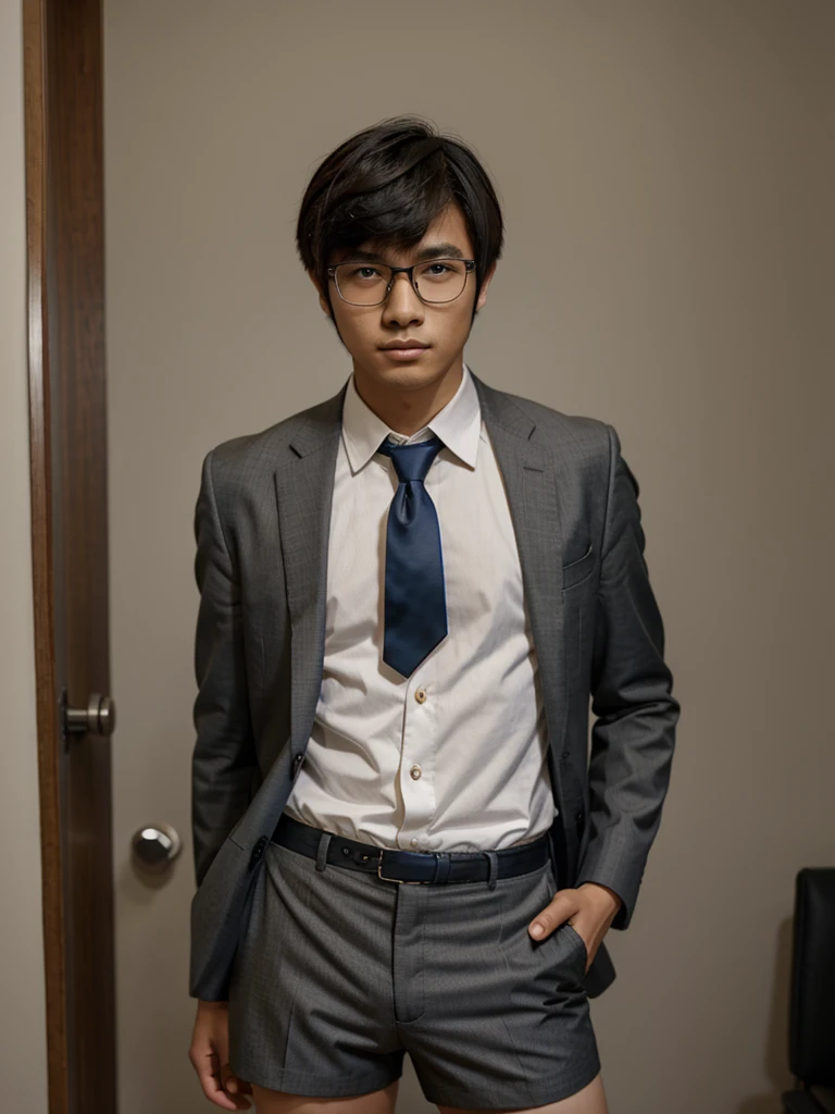Full body photo of Asian high school boy with mushroom hair, Glasses, suit with shirt and tie, shorts, posing on the back 