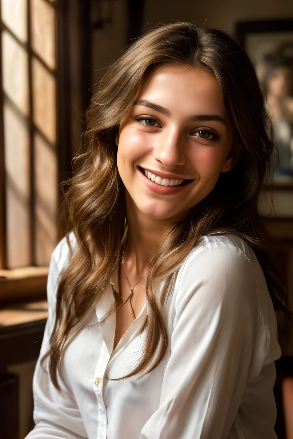 A photographic portrait of a beautiful Greek girl dressed in a white shirt and jeans pants., (smile, happy), (face portrait:1.5), dramatic light , Rembrandt lighting scheme, (hyperrealism:1.2), (8k hd:1.2), (photorealistic:1.2), Taken with Canon EOS 5D Mark IV., detailed face, Long dark detailed hair. In a country house surrounded by nature that inspires tranquility