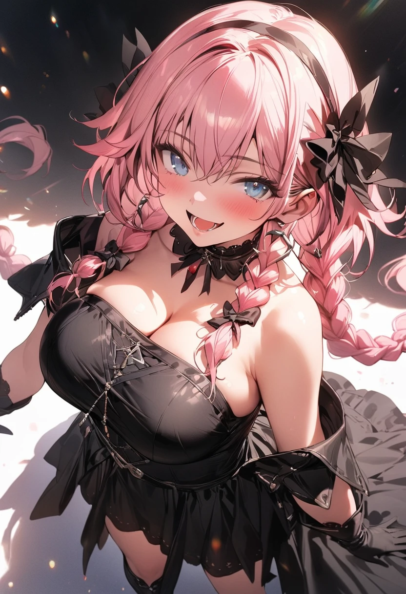 (masterpiece),(best quality),(ultra-detailed),(best illustration),(best shadow),(absurdres),(detailed background),(very aesthetic), 1girl, solo, blue-eyes, ((long-hair)), braid, boots, pink-hair, breasts, twin-braids, smile, open-mouth, cleavage, choker, large-breasts, full-body, bare-shoulders, looking-at-viewer, simple-background, hairband, blush, armor, gloves, dress, knee-boots, standing
