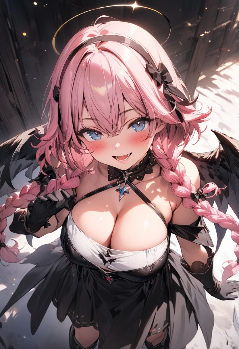 (masterpiece),(best quality),(ultra-detailed),(best illustration),(best shadow),(absurdres),(detailed background),(very aesthetic), 1girl, solo, blue-eyes, ((long-hair)), braid, boots, pink-hair, breasts, twin-braids, smile, open-mouth, cleavage, choker, large-breasts, full-body, bare-shoulders, looking-at-viewer, simple-background, hairband, blush, armor, gloves, dress, knee-boots, standing