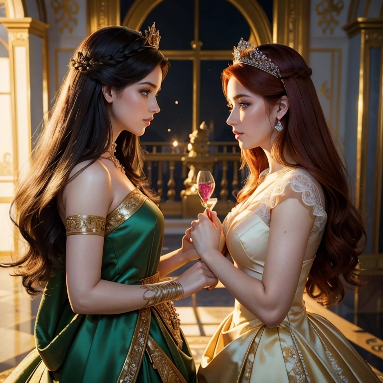 (​masterpiece, best quality:1.5), highest quality, High resolution, super detailed, Realists, Upper body of the brunette princess, detailed and beautiful eyes, beautiful detailed lips, very detailed eyes and face, longeyelashes, Princess in royal dress, Beautiful and colorful makeup, elegant and noble々Pose,shiny crown and jewels, Royal gardens as background, soft daylight, bright colors, fine brushstrokes, Portrait style, Noble details in the dress fabric, beautiful color palette, glowing skin, First-class rendering, that captures every detail, enchanting atmosphere, subtle shadows and lights, (perfect anatomy:1.2), (Five stunning princesses are deeply in love:1.4), (kiss:1.2)