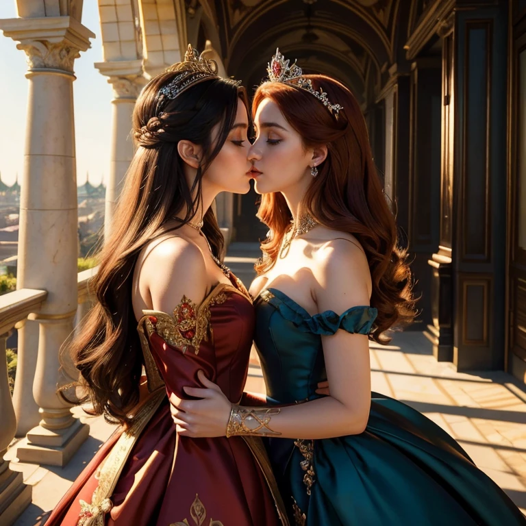 (masterpiece, best quality:1.5), highest quality, High resolution, super detailed, Realists, Upper body photo of the red-haired and black-haired princess, detailed and beautiful eyes, beautiful detailed lips, very detailed eyes and face, longeyelashes, Princess in shiny satin royal dress, Beautiful and colorful makeup, elegant and noble々Pose,shiny crown and jewels, Royal gardens as background, soft daylight, bright colors, fine brushstrokes, Portrait style, Noble details in the dress fabric, beautiful color palette, glowing skin, First-class rendering, that captures every detail, enchanting atmosphere, subtle shadows and lights, (perfect anatomy:1.2), (Two stunning princesses are deeply in love:1.4), (kiss:1.2), (magnificent panorama view:1.2)