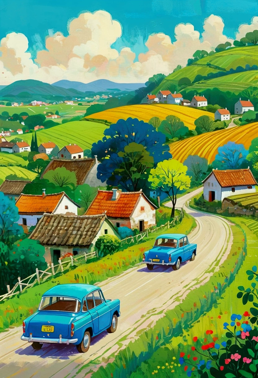 painting of a blue car driving down a country road with a village in the background, hand painted cartoon art style, countryside city scene, vibrant gouache painting scenery, scenery artwork, a beautiful artwork illustration, naive art, detailed scenery —width 672, in the countryside, stylized digital illustration, digital cartoon painting art, illustration painting, by Yi Inmun, countryside