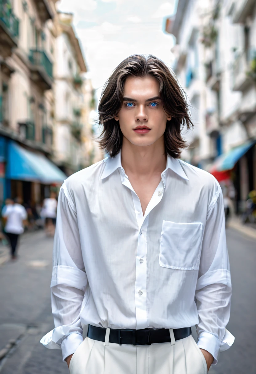 High quality, masterpiece, high definition, ****ung man, 20 years old, dark well-groomed shoulder length hair (3.0), enchanting pale blue eyes (2.0), white shirt (2.5), white oversized trousers(3.0), close up portrait (3.0), city streets (3.0),