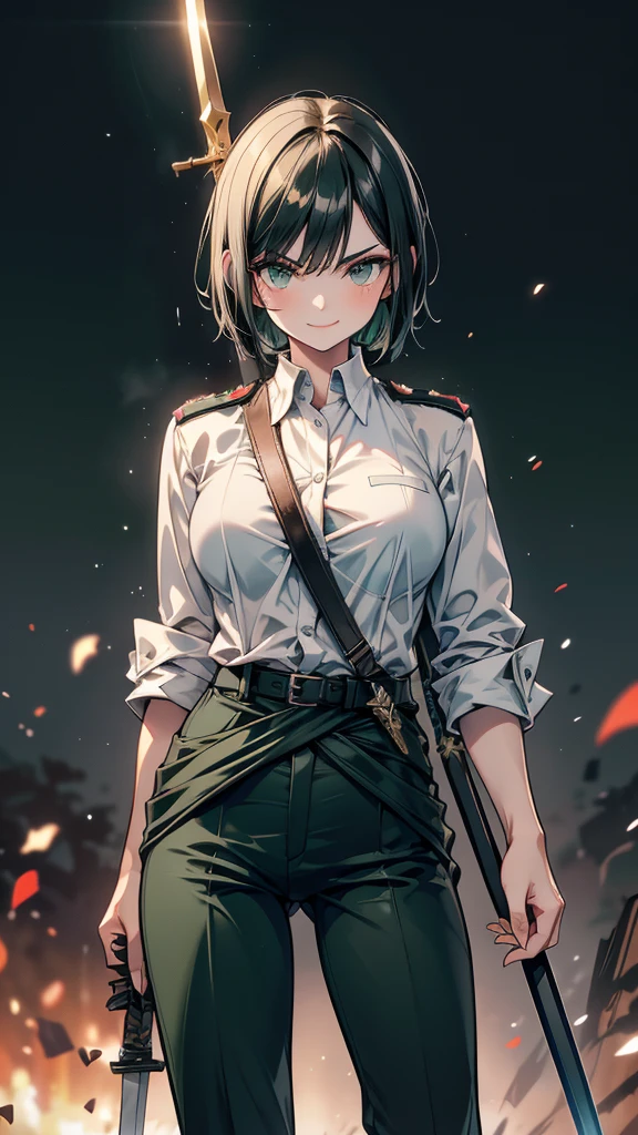 Adult female　short hair　Black Hair　expensive　Narrow eyes　smile　Glare　frivolous attitude　Dark green German military uniform　Wear a white shirt underneath　pants　Have a long spear　Hold the sword at your waist　a Shiba Inu　battlefield