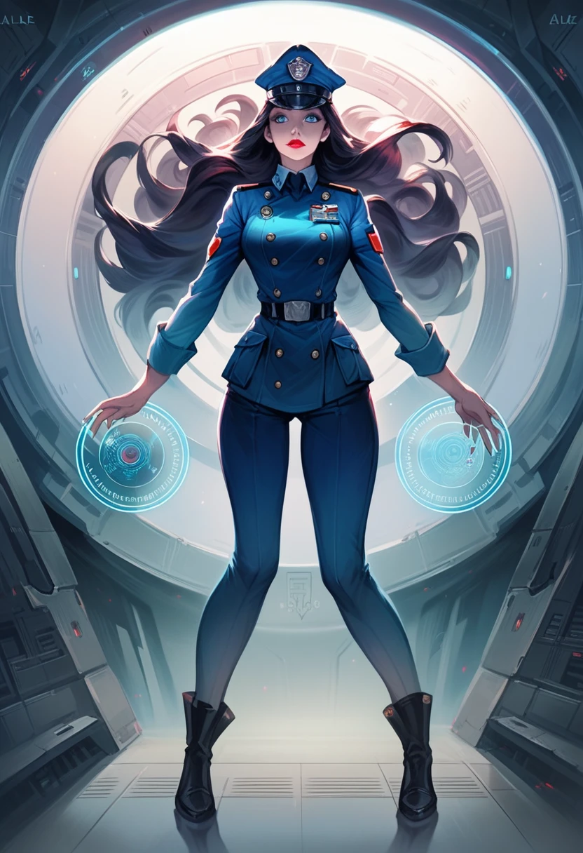 beautiful detailed eyes, beautiful detailed lips, extremely detailed eyes and face, longeyelashes, 1girl, gorgeous woman, detailed face, long dark hair, blue eyes, pale red lips, tight white military officer uniform with miniskirt, standing on the bridge of a spaceship, high definition, full body shot, hologram, photorealistic, 8k, hyperdetailed, cinematic lighting, dramatic colors, sci-fi, concept art