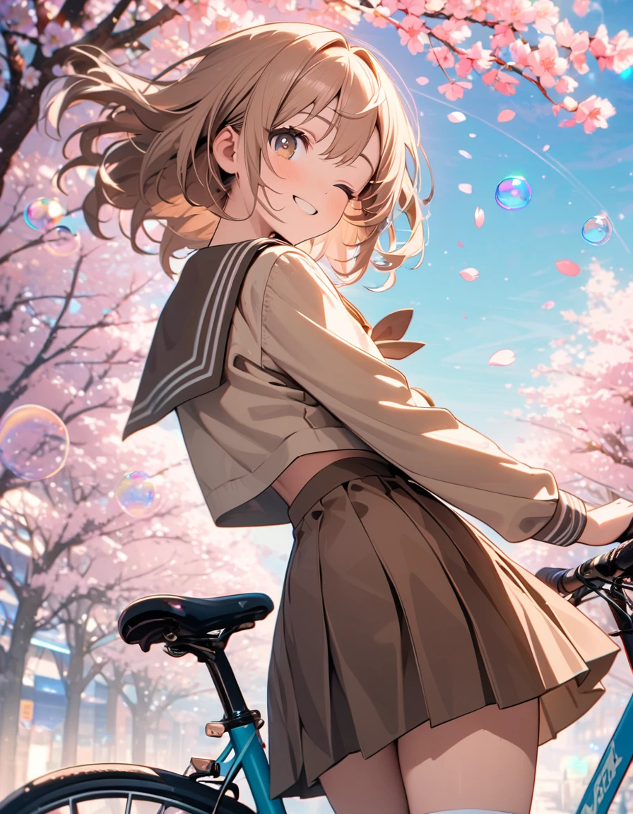(8K, best quality, master piece:1.2),super high resolution,anime,1 girl,solo,,ultra-detailed face,detailed eyes,sailor suit,brown collar(brown:1.5), light brown shirt,long sleeve,brown pleated skirt,brown ribbon tie,white knee-high socks,gradient eyes,one eye closed,smile,floating hair,pink hair,short hair,cowboy shot,Looking back at the viewer,Bicycle rack,cherry blossom tree,blue sky,(petals:1.3),(bubbles:1.3),(iridescent light:1.4)
