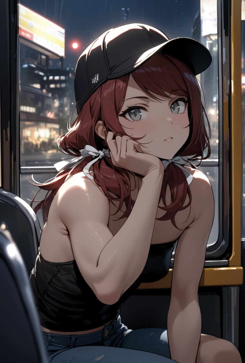 (masterpiece, best quality), stoic, girl leaning forward in chair and looking out window at city, hand on own face, reflective glass, toned female, biceps, beautiful face, upper body, close up, Gray eyes, dark red hair, swept bangs, low twin tails, white ribbons, strapless black shirt, black baseball cap, jeans, small breasts, toned arms, night, sitting on public bus,