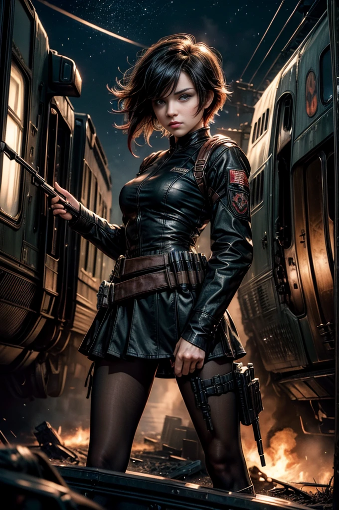 (masterpiece, best quality:1.2), cowboy shot, solo, dynamic pose, 1girl, ruby rose, looking at viewer, military uniform,  pantyhose, standing next to wrecked train, crowd searching with rifles, (crowd in military unifom) night, stars, closed mouth, serious look, serious expression, post-apocalypse, dystopian future 