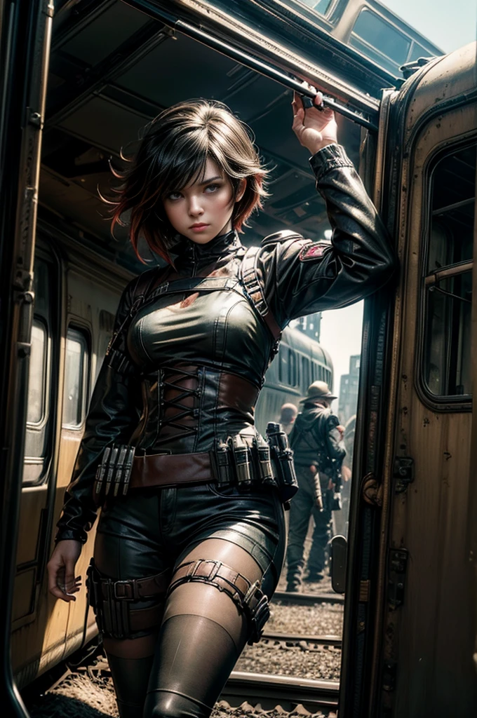 (masterpiece, best quality:1.2), cowboy shot, solo, dynamic pose, 1girl, ruby rose, looking at viewer, military uniform,  pantyhose, standing next to wrecked train, crowd searching with rifles, (crowd in military unifom) night, stars, closed mouth, serious look, serious expression, post-apocalypse, dystopian future 