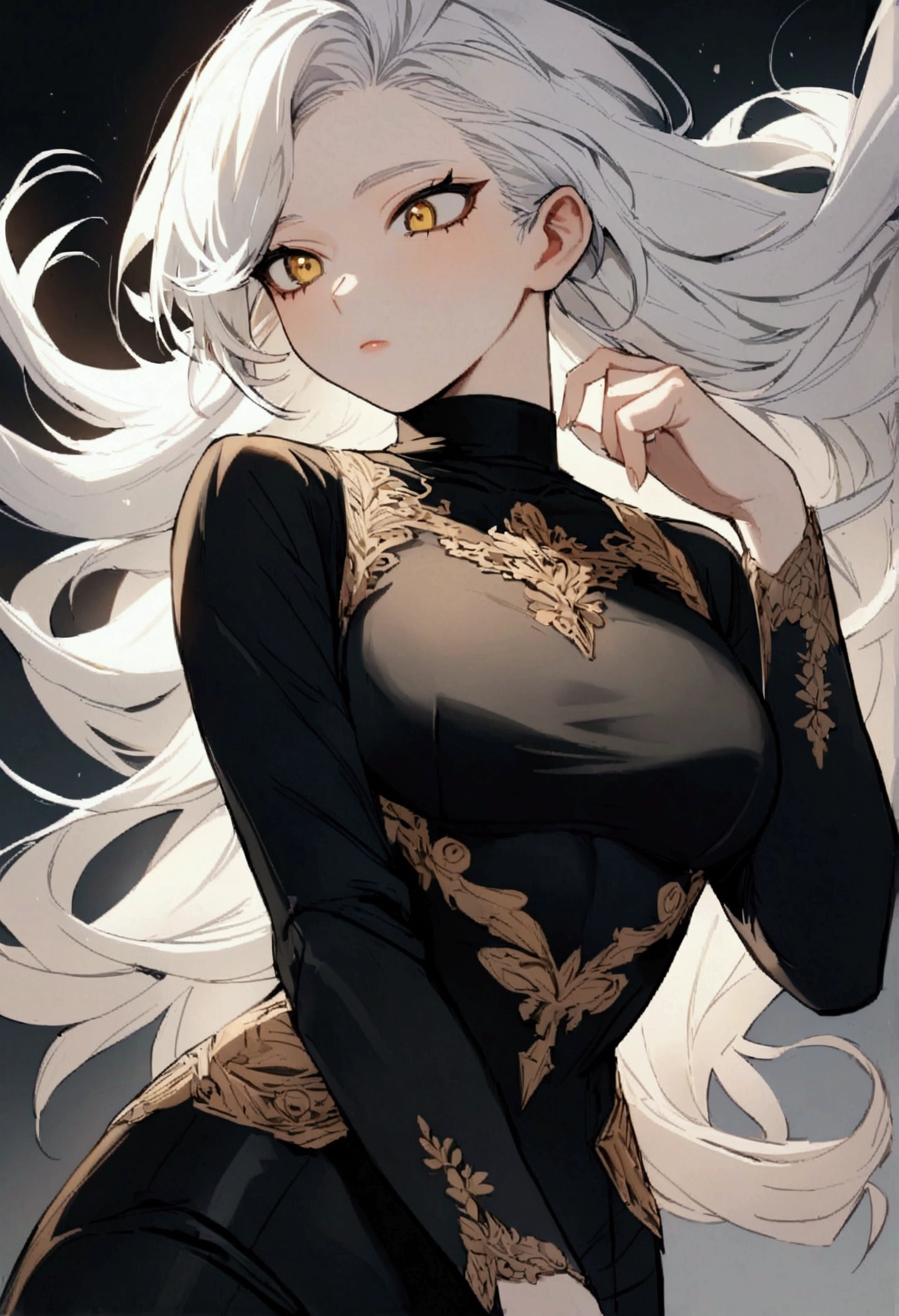 my hero academia, a girl, long white hair, yellow eyes, short, beautiful, in a black turtleneck suit.