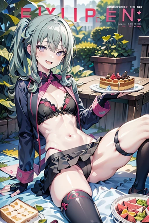 1 girl, small nose, very beautiful detailed face and eyes, bright colors, cute face, delicate beautiful face, Bright magenta eyes, cute eyes, sparkling eyes, Big eyes, (small breasts:1.3), (perky chest:1.1), (pointed chest:1.0), (puddyng magazine cover:1.3),highest quality, WorKs of masters, High resolution,BlacK color hair,shiny hair, side ponytail,hair between eyes,bangs, (black jacket, real clothes, cleavage, black skirts, black thighhighs, thigh strap, fingerless gloves, single glove:1.2) , spread legs, panties shot, medium hips, glamorous body, white skin, smile, thin pubric hair, super beautiful face, Super beautiful eyes, Super beautiful hair,trendy outfit,sexy and attractive,full body esbian, Real World, Natural light,perfect Natural light,(with sparkling eyes and a contagious smile), This masterpiece is not only visually stunning but also tells, make of cake cooking , in the kitchen, open mouth, looking at viewer,