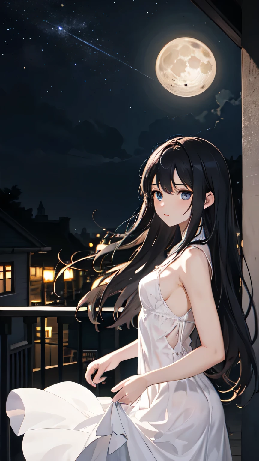 Highest quality,masterpiece,One beautiful girl,Side Lighting,Age: Around 16 years old,Long black hair fluttering in the wind,Her big eyes sparkle in the moonlight,Wearing a white dress,Balcony of an old-fashioned mansion,Surrounded by starry night sky,The city lights in the distance,He seems to be in deep thought.,A little lonely、But somehow, her expression gives off a sense of hope.,
Thinking about memories from the past or fears about the future,The night wind is blowing gently,The moon shines brightly、It embraces the balcony and the beautiful girl.,While silence reigns、I can only hear the sound of the wind