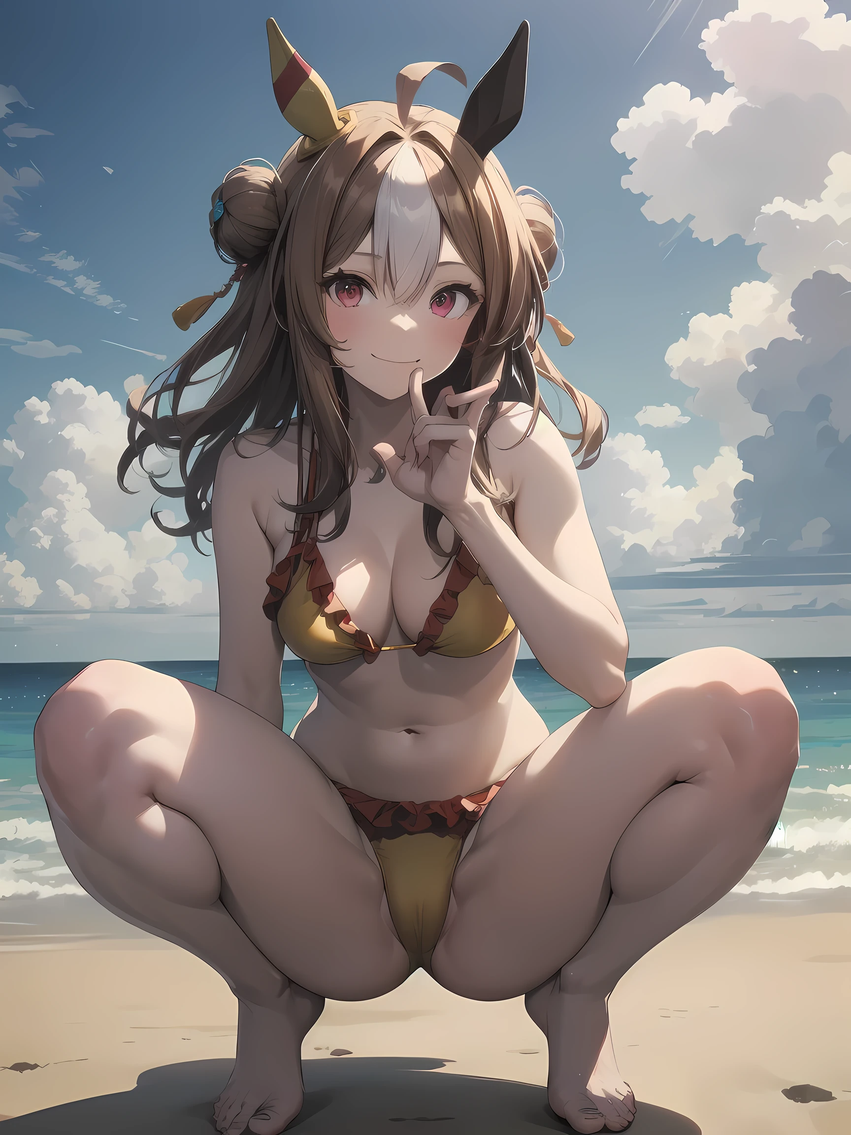 (NSFW:1.3), (realistic, photo realistic:1.2), ((highest quality)), move the center of gravity backwards, pretty embarrassing, copano rickey \(umamusume\), Red eyes, barefoot, Yellow bikini, (Red frill:1.2), horse tail, (squat:1.4), put the heel on the ground, spread legs, squat with your knees up, Attach your ass to the ground, beautiful face details, real human skin, gentle expression, realistic, photorealistic, cute, squat deep on beach, whole body, Smile, natural smile, charming smile, enchanting smile, From before, from below, (wind:1.1)