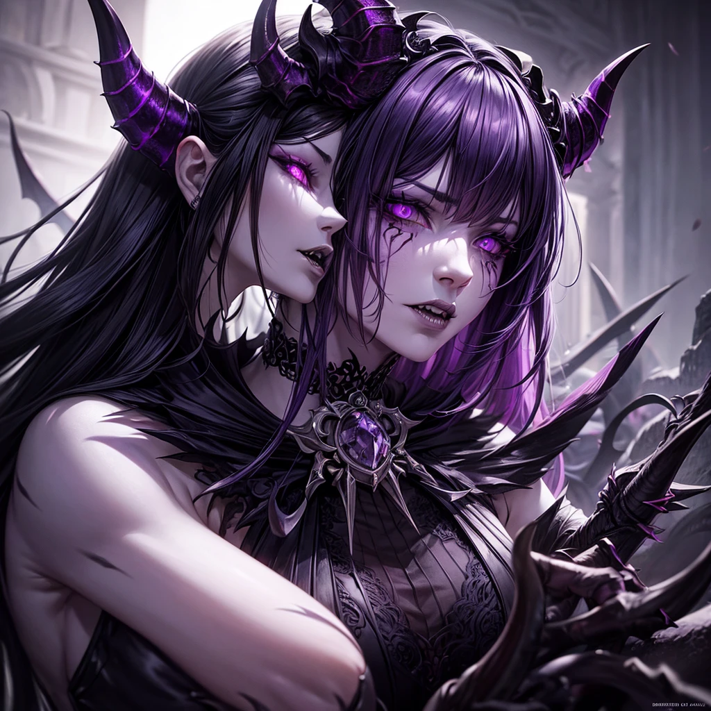 detailed demon-like woman, vibrant purple eyes, intricate horns, sharp teeth, ebony hair, pale skin, dark fantasy, cinematic lighting, dramatic chiaroscuro, rich colors, highly detailed, photorealistic, 8k, masterpiece