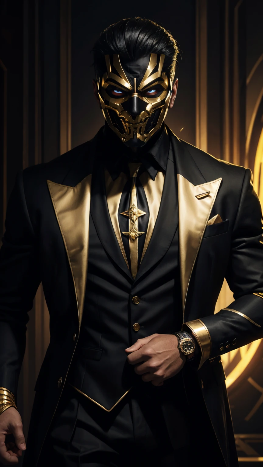 A man in a black and gold mask wearing a black suit with gold details mysterious supervillain 8k.