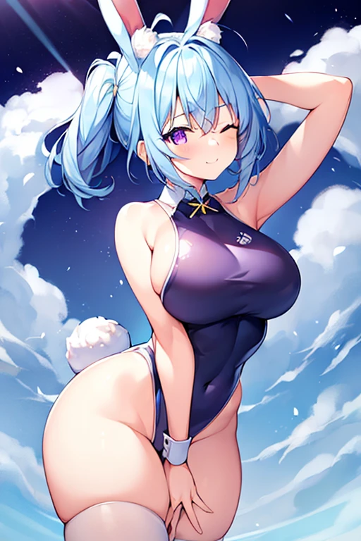 1girl, rabbit ears, animal ear fluff, (animal ear fluff), white rabbit ears, light blue hair, blue hair, very short hair, purple eyes, one eye closed, large breasts, thick thighs, hourglass figure, light smile, one-piece swimsuit, competition swimsuit, bare legs