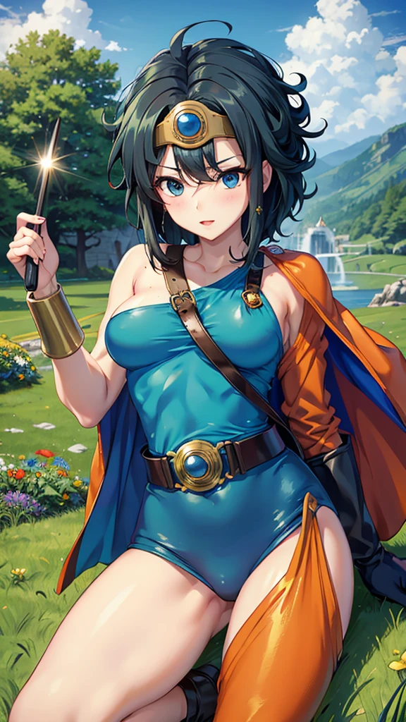 (((SFW、sound、Highest quality、First class work、Normal body、、Detailed face、Ultra-precision、normal hand、Normal refer to、5refer to、Highest)))、beautiful girl、Black Hair、yamato nadeshiko、Small breasts、Shortcuts、Blue leotard、Shoulder Off、Black paleo skirt、Red Cape、Circlet、Bastard sword、shield、Dragon Quest、grassland