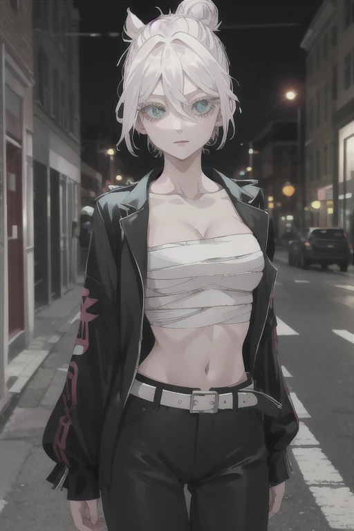 masterpiece, best quality, highres, 1girl, solo, short hair, white hair, hair bun, hair between eyes, colored eyelashes, aqua eyes, cleavage, sarashi, bandages, black jacket, open clothes, long sleeves, midriff, belt, black pants, standing, cowboy shot, outdoors, street, night