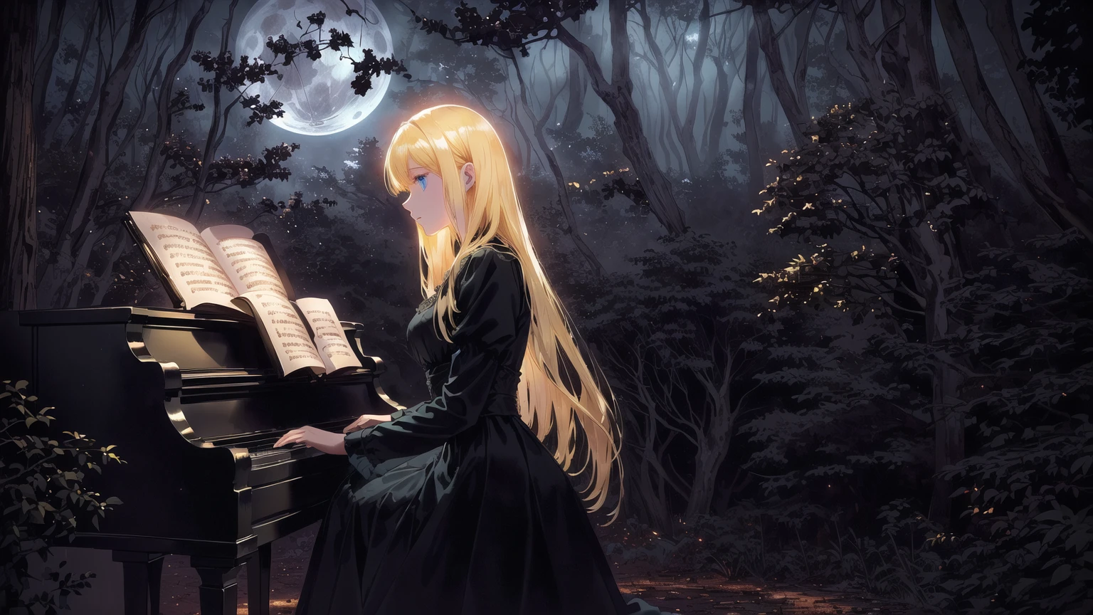 A blonde girl with blue eyes playing the piano in a shadowy forest under a full and large moon. The piano has only one notebook over it. She is wearing an old-fashioned black dress that adds to the mysterious and haunting mood of the setting. The full moon is prominently highlighted, casting an eerie glow over the forest. The trees around her are tall and foreboding, with twisted branches and shadows that create a sense of unease. The overall ambiance should be dark and somewhat frightening, contrasting with the vivid colors and the ethereal beauty of the girl and her surroundings.