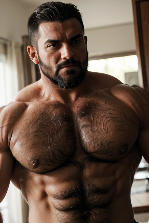 a rude bodybuilder macho man (Turkish man,short hair, black hair, beard ,Huge biceps, shirtless, huge muscular, huge chest, hairy chest, very hairy, hairy body, Style gay bear) , hyper realistic, ultra realistic , homo erotic